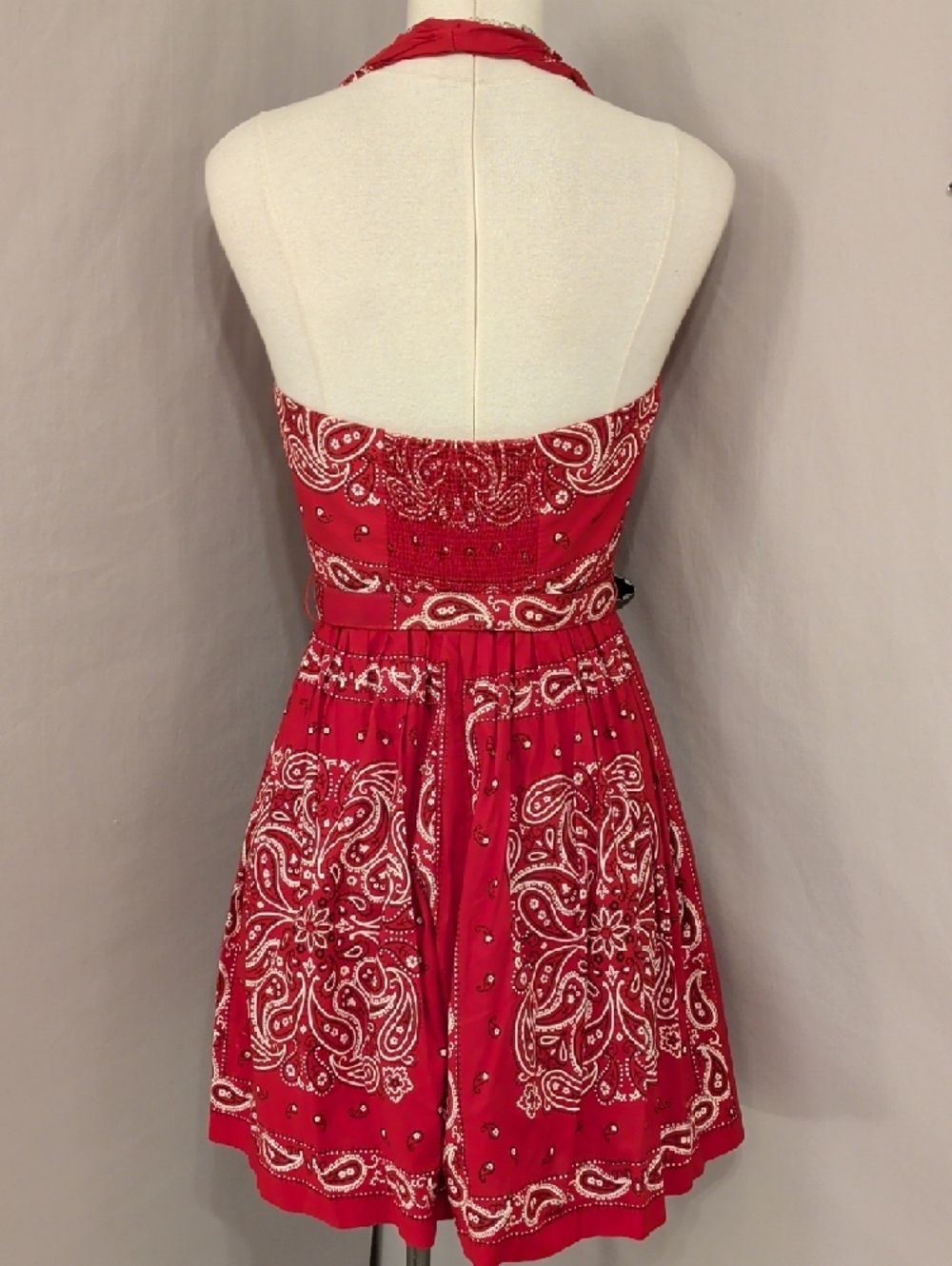 Vintage Red Bandana Halter Dress Fit-and-Flare Low V Belted Sexy Country Western - Picture 4 of 15